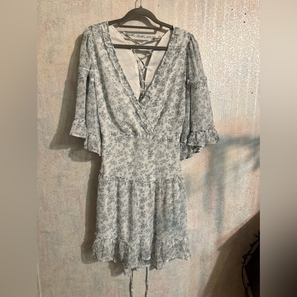 Elegant Blue Floral Sheer Long Sleeve, Corset Back, Open Lower Back Dress, Sz Lg